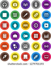 White Solid Icon Set- pen vector, laptop graph, arrow up, clock, barcode, camera, equalizer, remote control, headphones, notebook pc, play button, stop, hdmi, big data, browser, lan connector, bench