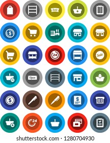 White Solid Icon Set- pen vector, dollar coin, cart, credit card, office, shelving, sale, open, 24 hour, shopping bag, market, store, mall, receipt, basket, list