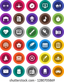White Solid Icon Set- pen vector, school building, backpack, bell, music, personal information, monitor dollar, barbell, heart pulse, stopwatch, clipboard, calendar, money, phone, protected, radio