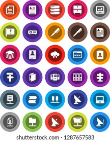 White Solid Icon Set- pen vector, notebook pc, document, archive, personal information, laptop graph, binder, signpost, attention, satellite antenna, server, network folder, cloud exchange, big data