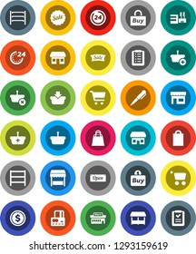 White Solid Icon Set- pen vector, dollar coin, cart, credit card, office, shelving, sale, open, 24 hour, shopping bag, market, store, mall, buy, basket, list