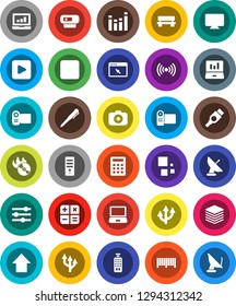 White Solid Icon Set- pen vector, laptop graph, arrow up, music hit, camera, equalizer, remote control, play button, forward, hdmi, big data, browser, bench, loading, route, wireless, barcode, video