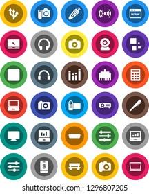 White Solid Icon Set- pen vector, laptop graph, camera, equalizer, remote control, headphones, notebook pc, forward button, hdmi, browser, lan connector, bench, loading, route arrow, wireless, video