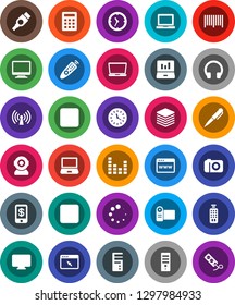 White Solid Icon Set- pen vector, notebook pc, laptop graph, clock, equalizer, remote control, headphones, stop button, forward, hdmi, big data, browser, loading, wireless, barcode, calculator, web