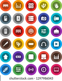 White Solid Icon Set- pen vector, arrow up, clock, music hit, antenna, equalizer, remote control, headphones, notebook pc, play button, forward, hdmi, big data, lan connector, route, wireless, video
