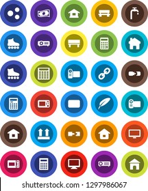White Solid Icon Set- pen vector, calculator, cash, roller Skates, top sign, monitor, link, mail, share, home, bench, connection, water supply, microwave oven, video camera, projector