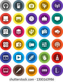 White Solid Icon Set- pen vector, laptop graph, clock, music hit, camera, antenna, remote control, headphones, notebook pc, play button, hdmi, cloud lock, big data, browser, equalizer, lan connector