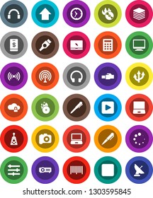 White Solid Icon Set- pen vector, arrow up, clock, music hit, camera, antenna, headphones, notebook pc, play button, stop, hdmi, cloud lock, big data, equalizer, lan connector, loading, route