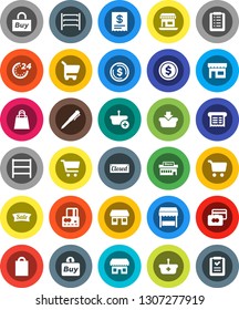 White Solid Icon Set- pen vector, dollar coin, cart, credit card, office, shelving, sale, closed, 24 hour, shopping bag, market, store, mall, buy, receipt, basket, list