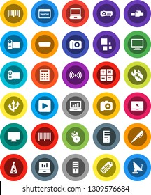 White Solid Icon Set- pen vector, laptop graph, barcode, music hit, camera, antenna, notebook pc, play button, hdmi, browser, lan connector, loading, route arrow, wireless, calculator, monitor