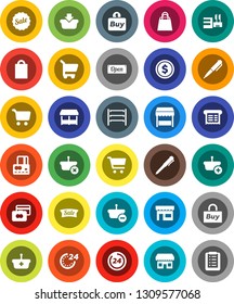 White Solid Icon Set- pen vector, dollar coin, cart, credit card, shelving, sale, open, 24 hour, shopping bag, market, store, mall, buy, receipt, basket, list
