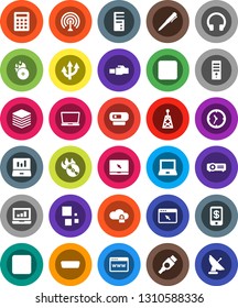 White Solid Icon Set- pen vector, notebook pc, laptop graph, clock, music hit, antenna, headphones, stop button, forward, hdmi, cloud lock, big data, browser, lan connector, loading, route arrow