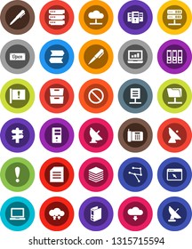 White Solid Icon Set- pen vector, notebook pc, document, archive, laptop graph, binder, prohibition sign, signpost, attention, satellite antenna, network, folder, server, cloud, exchange, big data