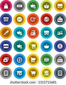 White Solid Icon Set- pen vector, dollar coin, cart, credit card, office, sale, open, 24 hour, shopping bag, market, store, mall, buy, receipt, basket, list