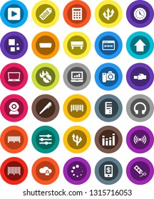 White Solid Icon Set- pen vector, laptop graph, arrow up, clock, barcode, music hit, equalizer, headphones, play button, hdmi, cloud lock, browser, lan connector, bench, loading, route, wireless