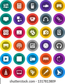 White Solid Icon Set- pen vector, laptop graph, clock, music hit, camera, antenna, headphones, notebook pc, play button, stop, equalizer, lan connector, bench, loading, route arrow, barcode, tap pay