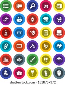 White Solid Icon Set- pen vector, clipboard, auction, horizontal bar, heart monitor, cargo, umbrella, antenna, video camera, touchscreen, notebook pc, link, rca, doctor bag, pulse, dna, magnifier
