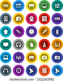 White Solid Icon Set- pen vector, notebook pc, arrow up, clock, barcode, music hit, camera, antenna, equalizer, remote control, headphones, browser, bench, wireless, calculator, tap pay, monitor
