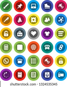White Solid Icon Set- pen vector, bell, notebook pc, school bus, abacus, calculator, target, any currency, t shirt, roller Skates, dry cargo, satellitie, social media, group, heart, thumbtack, menu