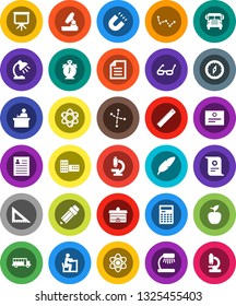 White Solid Icon Set- pen vector, university, pencil, school building, corner ruler, glasses, student, apple fruit, atom, microscope, table lamp, calculator, alarm clock, compass, certificate, bus