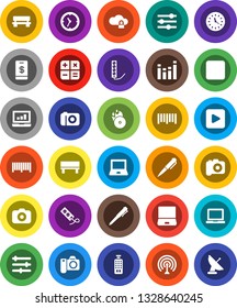 White Solid Icon Set- Pen Vector, Notebook Pc, Laptop Graph, Clock, Barcode, Music Hit, Camera, Antenna, Equalizer, Remote Control, Play Button, Forward, Cloud Lock, Bench, Calculator, Tap Pay