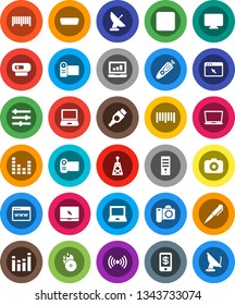 White Solid Icon Set- pen vector, notebook pc, laptop graph, barcode, music hit, camera, antenna, equalizer, remote control, forward button, hdmi, browser, wireless, tap pay, monitor, video, web