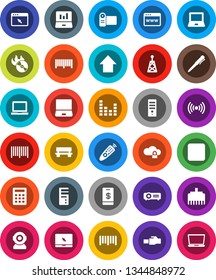 White Solid Icon Set- pen vector, notebook pc, laptop graph, arrow up, barcode, music hit, antenna, equalizer, remote control, forward button, cloud lock, browser, lan connector, bench, wireless