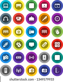 White Solid Icon Set- pen vector, notebook pc, clock, barcode, music hit, camera, remote control, headphones, stop button, forward, browser, lan connector, bench, wireless, calculator, tap pay, web