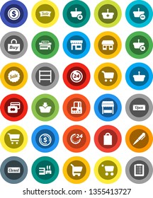 White Solid Icon Set- pen vector, dollar coin, cart, credit card, office, shelving, sale, open, closed, 24 hour, shopping bag, market, store, mall, buy, basket, list