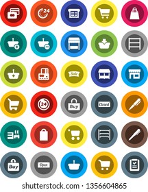White Solid Icon Set- pen vector, cart, credit card, shelving, sale, open, closed, 24 hour, shopping bag, market, store, mall, buy, receipt, basket, list