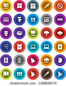 White Solid Icon Set- pen vector, notebook pc, archive, personal information, laptop graph, binder, prohibition sign, signpost, attention, satellite antenna, network, server, folder, cloud, exchange