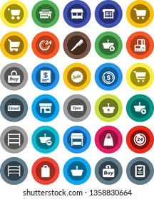 White Solid Icon Set- pen vector, dollar coin, cart, credit card, shelving, sale, open, closed, 24 hour, shopping bag, market, store, mall, buy, receipt, basket, list
