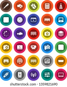 White Solid Icon Set- pen vector, notebook pc, laptop graph, clock, barcode, music hit, camera, antenna, remote control, stop button, forward, hdmi, cloud lock, big data, browser, equalizer, bench