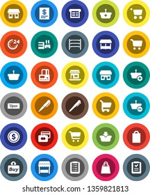 White Solid Icon Set- pen vector, dollar coin, cart, credit card, office, shelving, open, 24 hour, shopping bag, market, store, mall, buy, receipt, basket, list