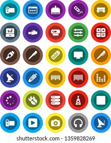 White Solid Icon Set- pen vector, laptop graph, barcode, music hit, camera, antenna, equalizer, remote control, headphones, play button, stop, hdmi, big data, browser, lan connector, bench, loading