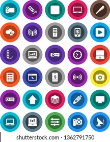 White Solid Icon Set- pen vector, notebook pc, laptop graph, arrow up, clock, camera, remote control, play button, stop, cloud lock, big data, browser, equalizer, wireless, calculator, tap pay