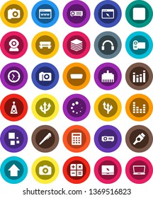 White Solid Icon Set- pen vector, arrow up, clock, camera, antenna, equalizer, headphones, notebook pc, stop button, hdmi, big data, browser, lan connector, bench, loading, route, calculator, video