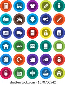 White Solid Icon Set- pen vector, ruler, notebook pc, school bus, arrow down, t shirt, target, calendar, mobile phone, social media, backward button, syringe, home, redo, lock, unlock, cottage