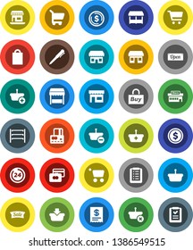 White Solid Icon Set- pen vector, dollar coin, cart, credit card, office, shelving, sale, open, 24 hour, shopping bag, market, store, mall, buy, receipt, basket, list