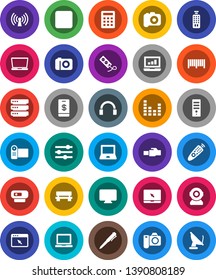 White Solid Icon Set- pen vector, notebook pc, laptop graph, camera, equalizer, remote control, headphones, forward button, big data, browser, lan connector, bench, wireless, barcode, calculator
