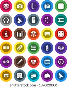 White Solid Icon Set- pen vector, laptop graph, clock, barcode, camera, antenna, equalizer, remote control, headphones, forward button, big data, browser, lan connector, bench, loading, wireless