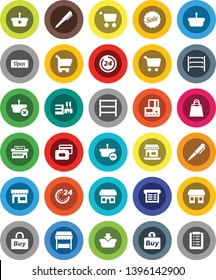 White Solid Icon Set- pen vector, cart, credit card, office, shelving, sale, open, 24 hour, shopping bag, market, store, mall, buy, receipt, basket, list