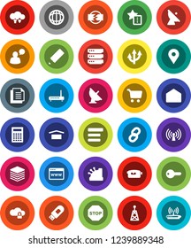 White Solid Icon Set- pencil vector, calculator, world, cart, map pin, document, dry cargo, satellite antenna, video camera, speaking man, mail, cloud lock, exchange, big data, browser, menu, chain