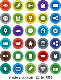 White Solid Icon Set- pencil vector, world, calculator, earth, map pin, video camera, mobile phone, favorites, forward button, cloud lock, browser, gear, hub, lan connector, share, message, mail
