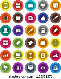 White Solid Icon Set- pencil vector, student, case, pen, clipboard, paper pin, archive, binder, phone, sorting, thumbtack, diagnostic monitor, medical room, network folder, router, apartments