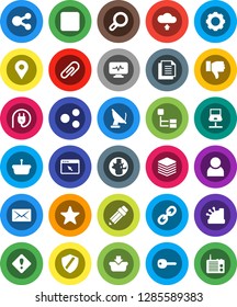 White Solid Icon Set- pencil vector, world, document, link, finger down, favorites, forward button, diagnostic monitor, notebook network, big data, browser, gear, shield, share, cloud upload, mail