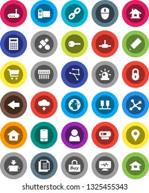 White Solid Icon Set- pencil vector, calculator, cart, earth, satellite, document, mobile phone, diagnostic monitor, connect, network, server, hub, router, arrow, cloud upload, chain, lock, user