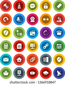 White Solid Icon Set- pencil vector, document, calculator, dry cargo, antenna, satellitie, video camera, link, network server, cloud exchange, equalizer, shield, hub, router, message, redo, loading