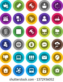 White Solid Icon Set- pencil vector, notebook pc, world, satellitie, social media, finger down, forward button, server, network folder, cloud glass, shield, router, message, loading, route arrow