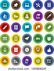 White Solid Icon Set- pencil vector, school building, blackboard, corner ruler, student, atom, pen, telescope, table lamp, calculator, notebook pc, alarm clock, schedule, clipboard, paper pin, bus